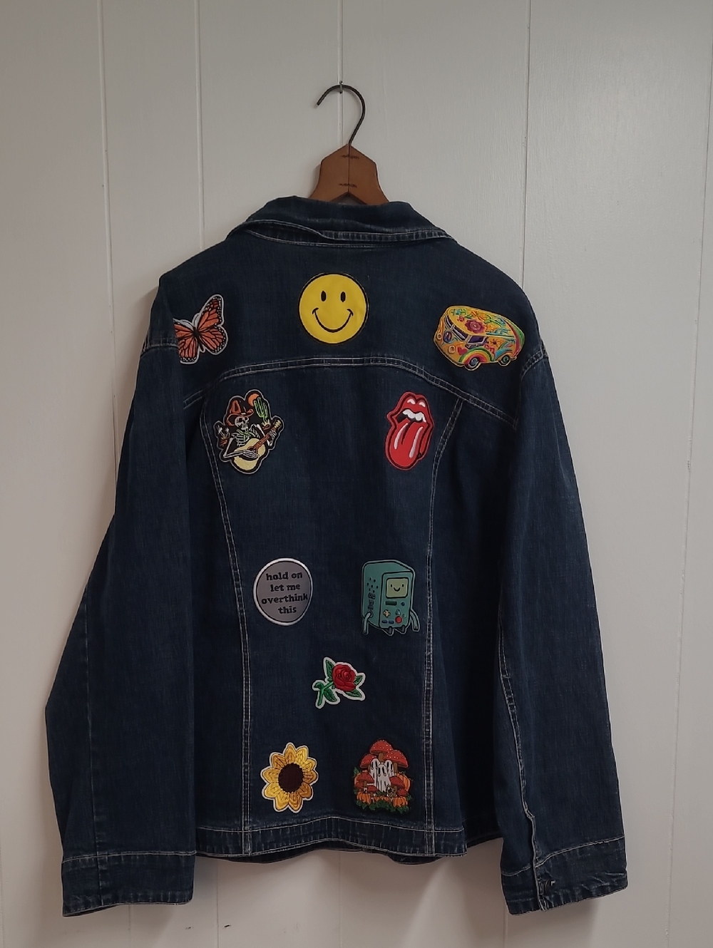 Live a Little Denim Jacket with Fun Patches! VW Bus Smiley Face Size 3XL